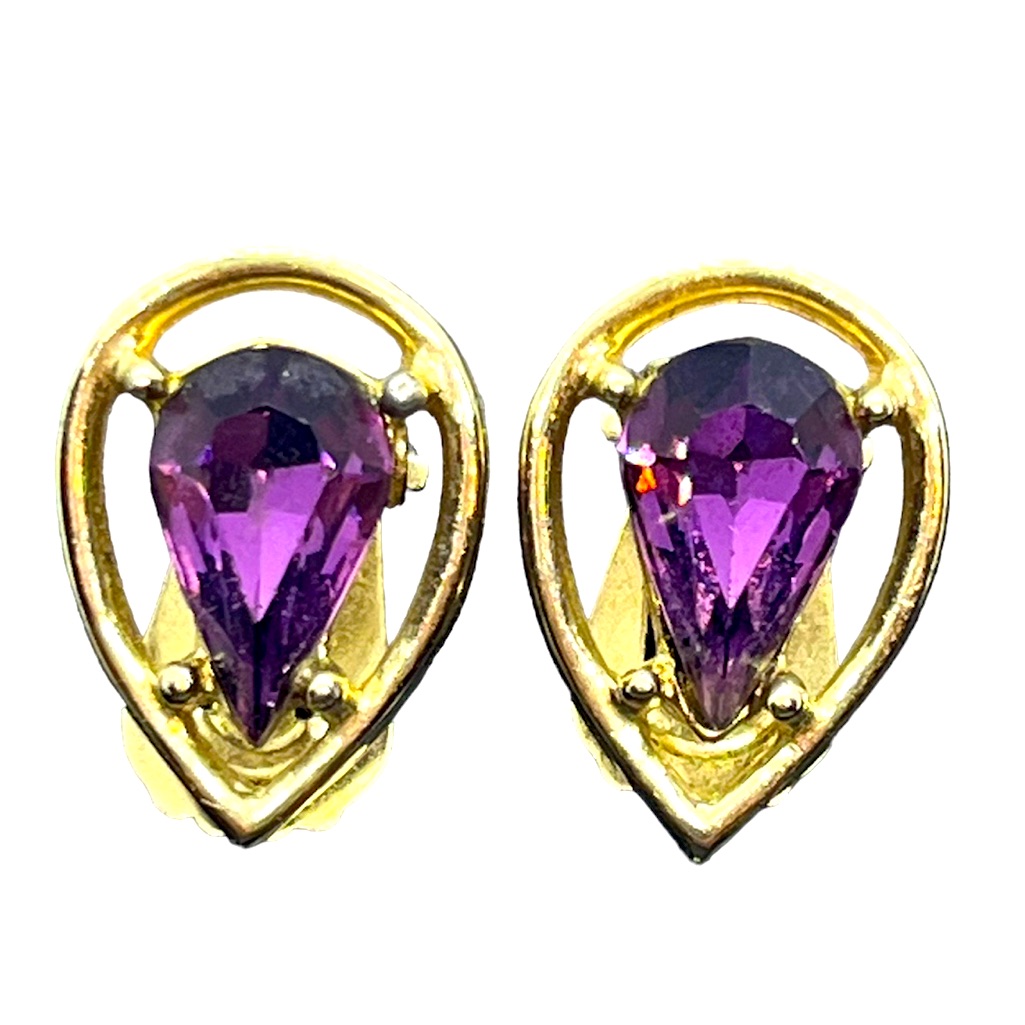 Barclay Vintage Gold Tone Purple Teardrop Cz Rhinestone Clip On Earrings Sparkly